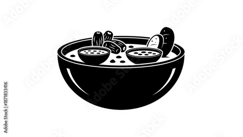 Black and White Illustration of Ramen Noodle Soup in Bowl