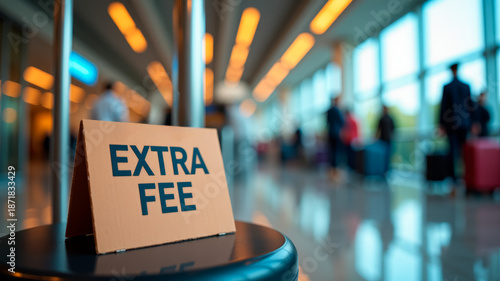 Hand holding extra fee card in airport representing additional transport cost or baggage surcharge
