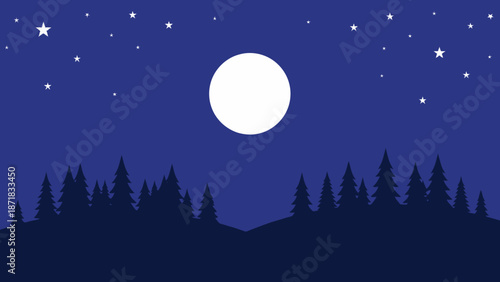 Serene Night Landscape with Full Moon and Stars.
