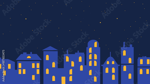 City Skyline at Night with Illuminated Buildings.