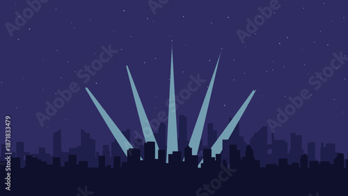 Silhouette of city skyline against a starry night sky with abstract light rays.