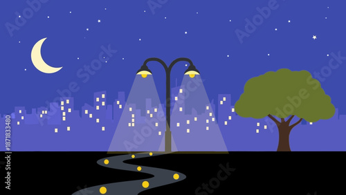 Serene Night Scene with Streetlights and Fireflies under the Moon.