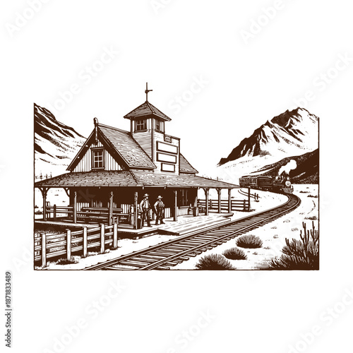 Vintage train station with tracks and people