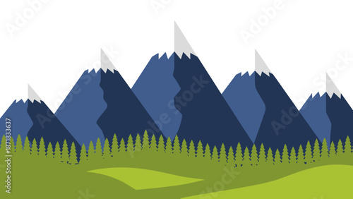 Serene mountain landscape with rolling hills and snow-capped peaks.