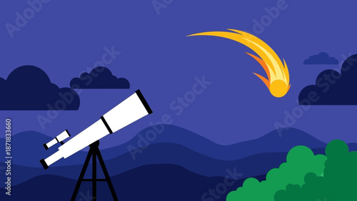 Telescope Observing a Bright Meteor in the Night Sky.