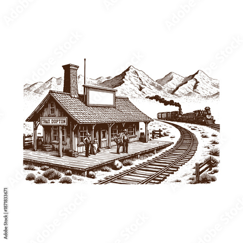 Vintage train station with tracks and people