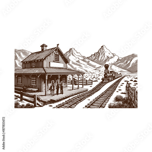 Vintage train station with tracks and people