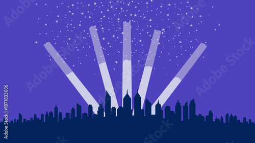 City Skyline Illuminated by Spotlight Beams at Night.
