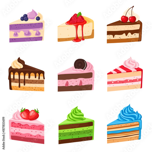 A vibrant collection of nine illustrated cake slices features diverse flavors like rich chocolate, fruity strawberry, and matcha, each detailed with appetizing layers and toppings