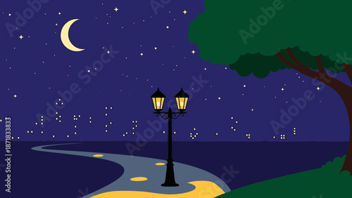 Serene Night Scene with Moonlit Path and Lamp Post.
