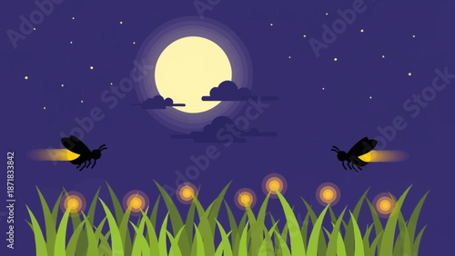 Fireflies flying in the night under the full moon.