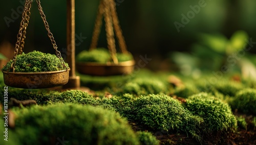 The justice scales, perched on a green, mossy surface amid new plant growth, signify the fairness of environmental law and the importance of eco investments for safeguarding nature and fostering a