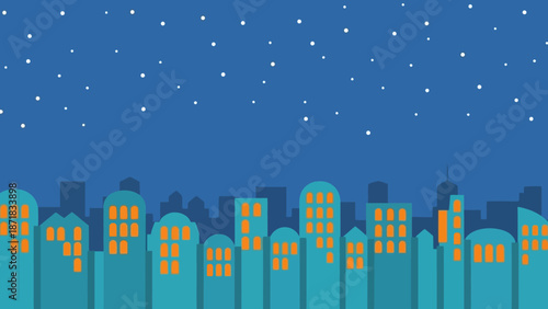 City skyline at night with stars in the sky.