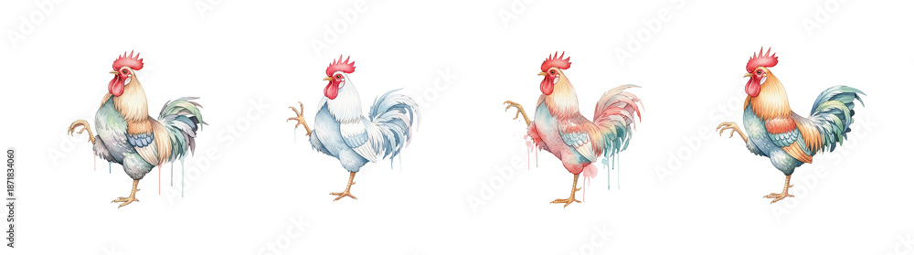 Fototapeta premium Four watercolor roosters in varied colors and poses isolate chicken bird