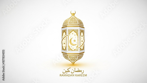 Golden Ramadan Lantern with Arabic Calligraphy on White Background