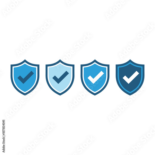 Four blue shield icons with white checkmarks representing security and trust