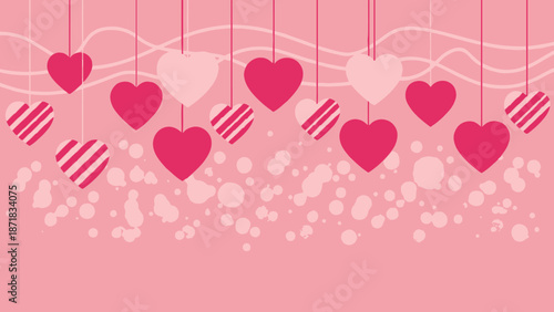 Hanging hearts decoration with pink background and white splatters.