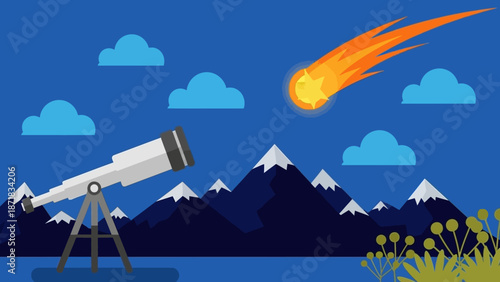 Telescope Observing a Meteor in the Night Sky Over Mountains.