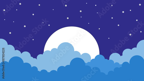 Full moon shining brightly through the clouds in a starry night sky.