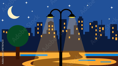 Cityscape at Night with Street Lamp and Moonlit Sky.
