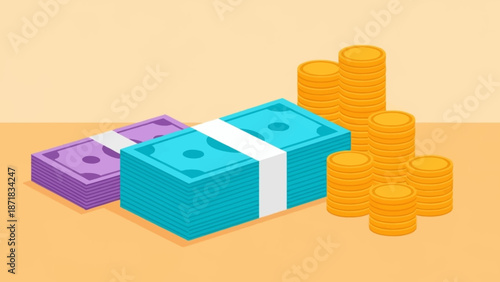 Stacks of money and wrapped cash bundles on a table.