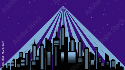 City Skyline Silhouette Against Purple Night Sky with Spotlight Beams.