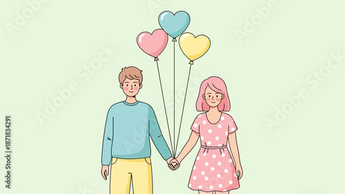 Couple holding hands and releasing heart-shaped balloons in a joyful outdoor scene