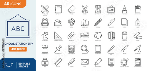 School stationary line editable icon set. Contain icons related to school supplies, pencil, ruler, pen, notebook, and more. Editable stroke. Vector illustration
