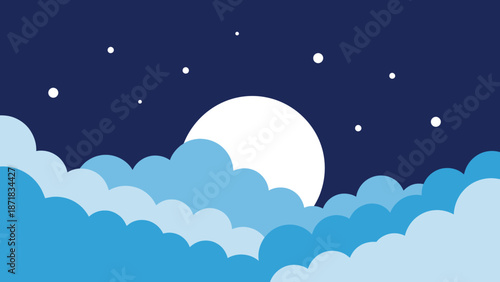 Night sky with full moon and stars behind clouds.