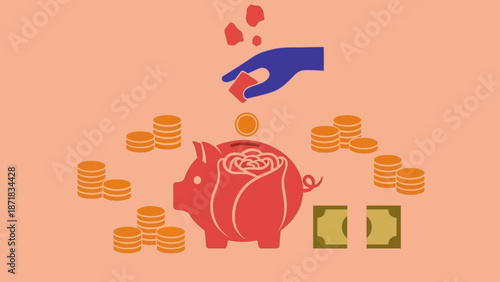 Saving money in a piggy bank with coins and bills.