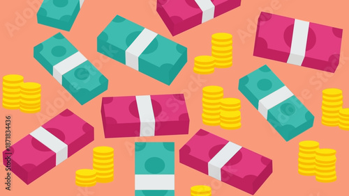 Stacks of banknotes and coins in a vibrant display.