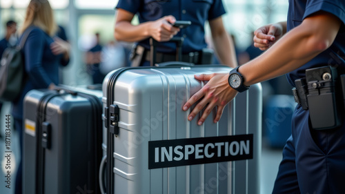 Inspection label placed on large suitcase during transport check indicating security process at airport terminal