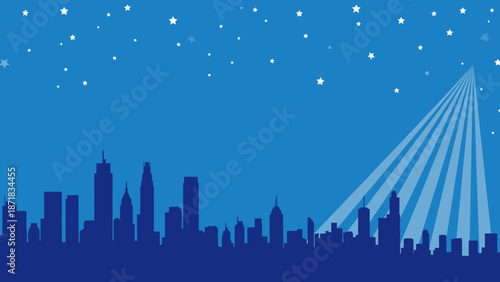 City skyline at night with starry sky and spotlight beams.