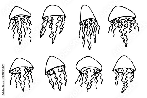 Set of hand drawn jellyfish doodle Sea animal illustration Cute marine underwater creature Medusa sketch clipart Single element for web, design, decor, children's print