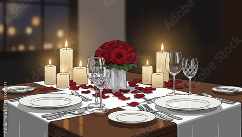 Romantic dinner setup with candles and roses on a beautifully decorated table in an elegant restaurant