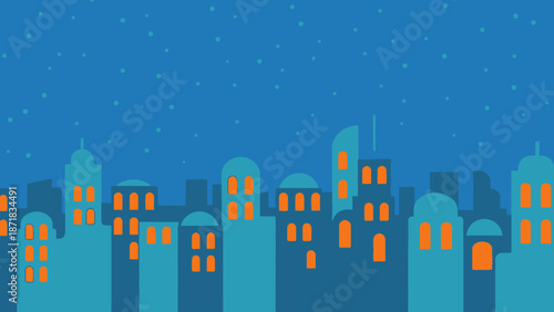 Cityscape at Night with Illuminated Buildings.