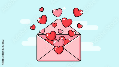 Hearts overflowing from a pink envelope against a serene sky with fluffy clouds