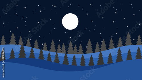 Serene winter landscape with moonlit forest and snow-covered hills.