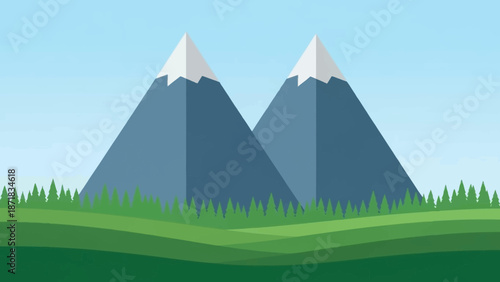 Serene landscape with snow-capped mountains and lush green meadow.