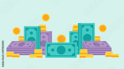 Stacks of banknotes and coins in a colorful illustration.