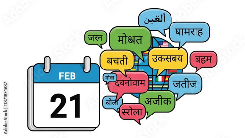 International Mother Language Day Calendar with Speech Bubbles in Different Languages