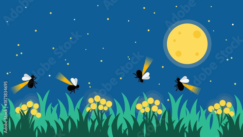 Fireflies flying over flowers under the full moon at night.
