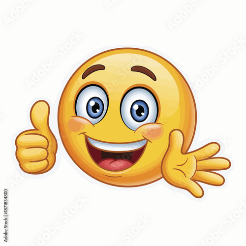 Cheerful yellow smiley face giving a thumbs up and waving hello