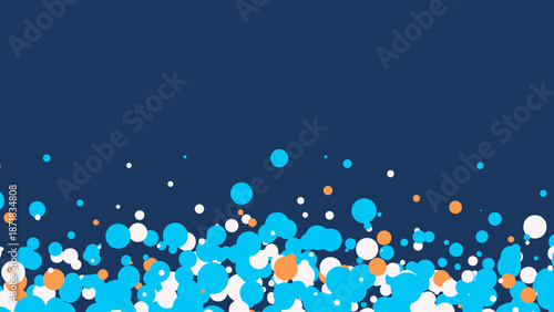 Vibrant blue and orange confetti particles scattered on dark blue background.