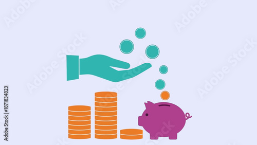 Saving money with coins and piggy bank illustration.