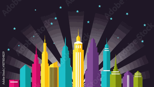 Vibrant City Skyline with Colorful Skyscrapers at Night.