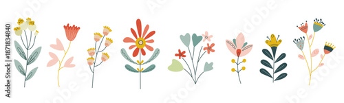 Hand drawn floral collection in pencil and chalk style. Decorative folk flowers with textured strokes. Artistic vector elements for branding, packaging, stationery, prints and modern graphic design