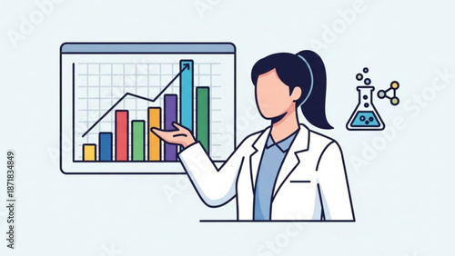 Female Scientist Analyzing Data on Computer Screen with Graphs and Beaker