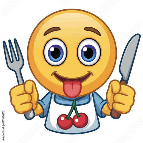 A happy smiley face eagerly anticipating a delicious meal with utensils