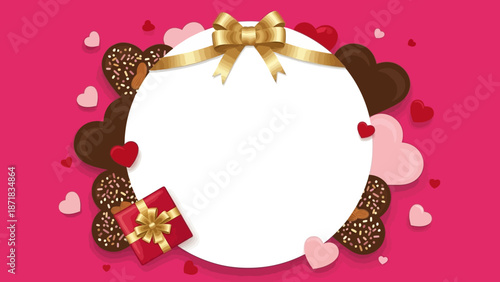 Valentine's Day frame with hearts and gift on pink background.